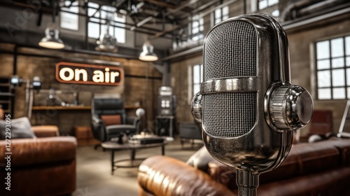 Retro microphone, podcast studio, on air, industrial setting, broadcasting photo