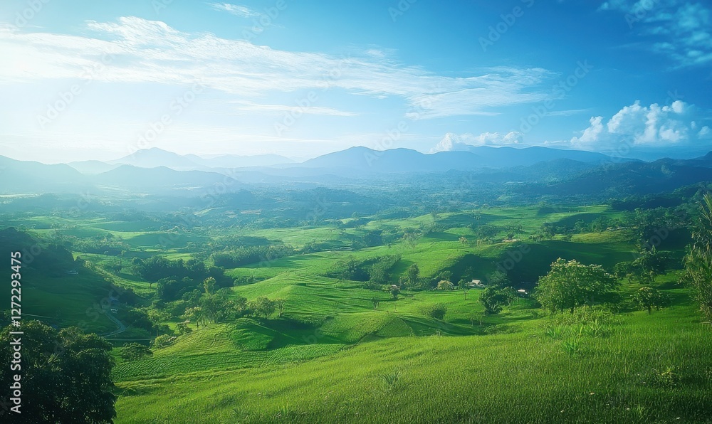 A wide landscape of lush green fields under a bright blue sky, soft morning light enhancing the natural beauty, calm and peaceful vibe A wide landscape of lush green fields under a bright blue sky, soft morning light enhancing the natural beauty, calm and peaceful vibe