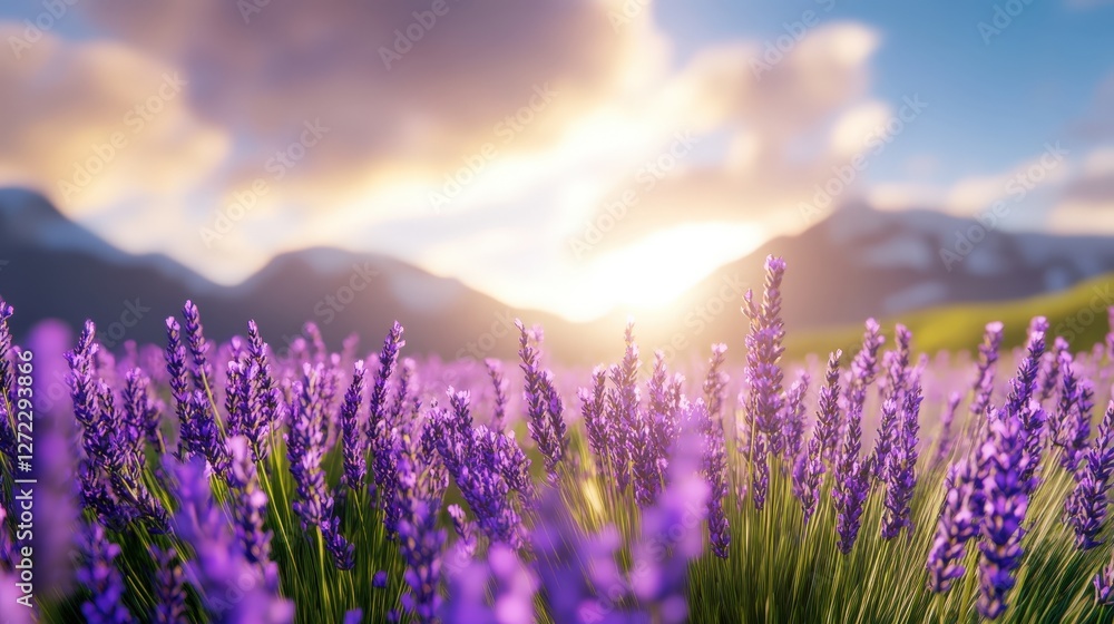 Fototapeta premium A breathtaking view of blooming lavender fields with vibrant purple flowers stretching towards the sunny horizon and majestic mountains in the background, capturing nature's beauty