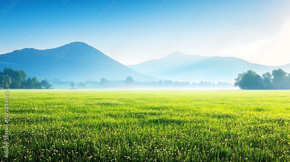 Serene Meadow Landscape With Misty Mountains Serene Meadow Landscape With Misty Mountains