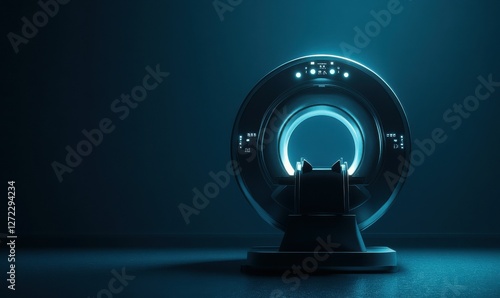 MRI machine, magnetic resonance imaging machine on a dark blue background. Concept medicine, technology, future