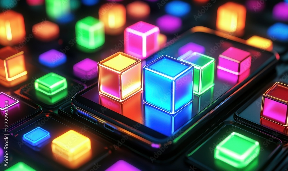 Neon Cubes in an Abstract Digital Technology Theme on a Smartphone Screen. Neon Cubes in an Abstract Digital Technology Theme on a Smartphone Screen.
