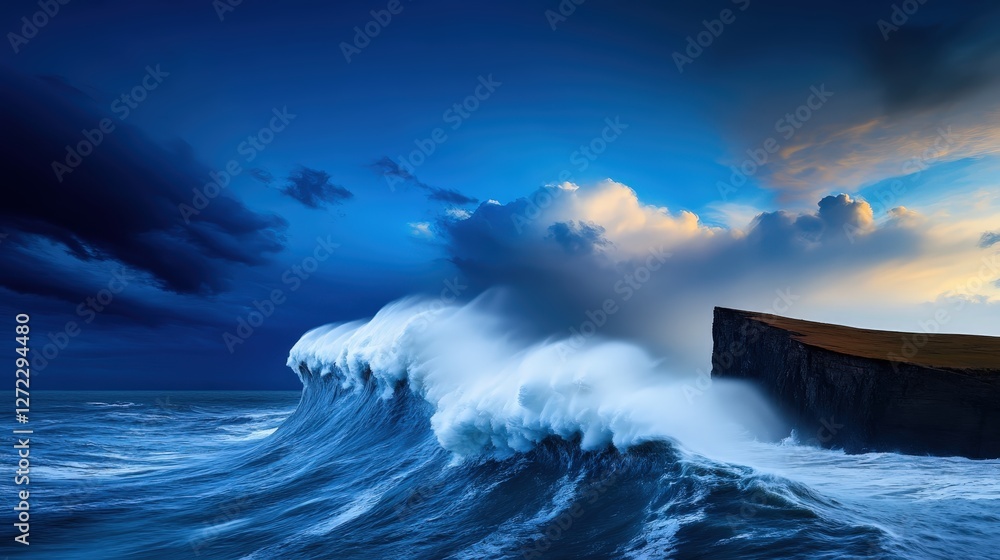 Fototapeta premium A breathtaking view of a powerful ocean wave crashing against a rugged coastline under a dramatic sky