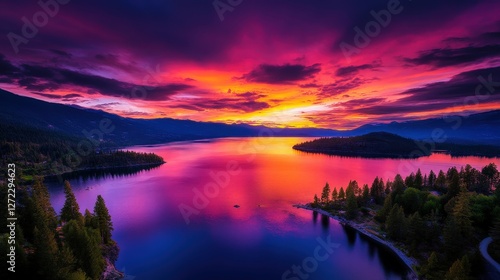 A breathtaking view of a lake at sunset, showcasing vibrant hues of purple, pink, and orange in the sky. The reflection in the calm water enhances the serene beauty of nature.
