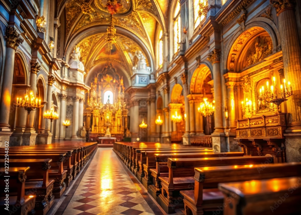 Fototapeta premium Lisbon Church Interior: Soft Bokeh & Golden Light Stock Photo