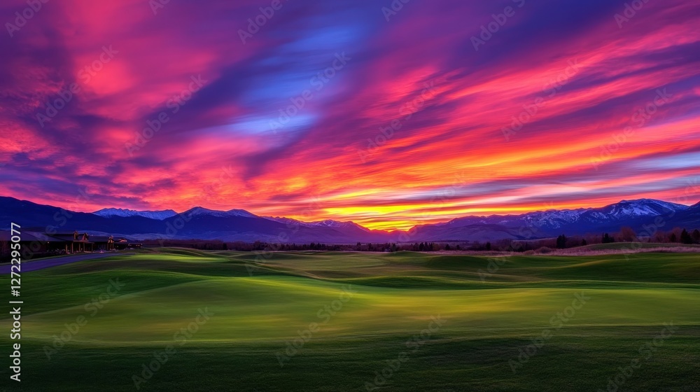 Obraz premium A breathtaking sunset over rolling hills, painted in vibrant hues of pink and purple, contrasting against the silhouette of distant mountains