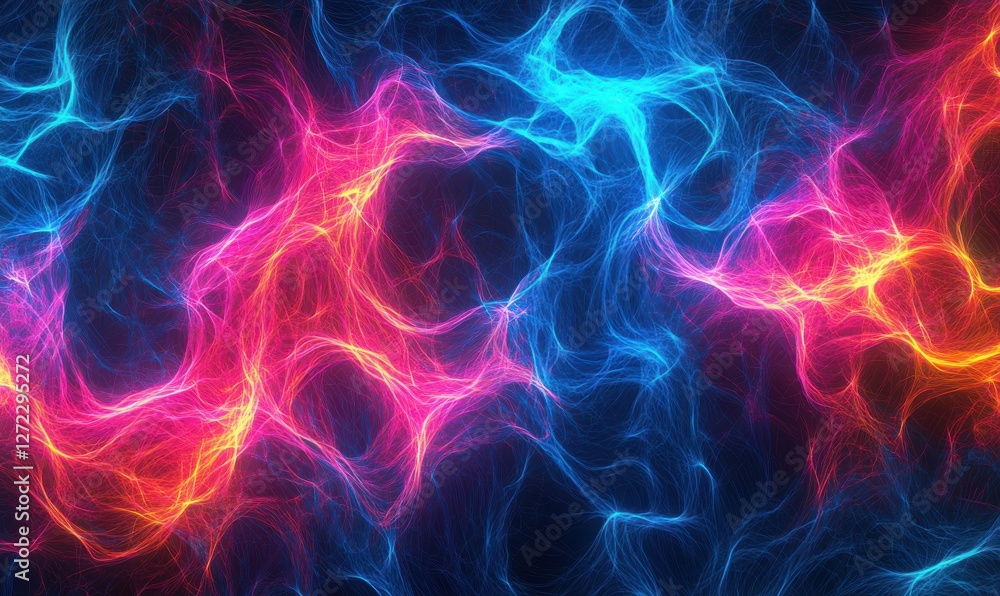 Abstract glowing lines forming a complex digital network, deep blue background with vibrant neon tones creating a futuristic high-tech concept Abstract glowing lines forming a complex digital network, deep blue background with vibrant neon tones creating a futuristic high-tech concept