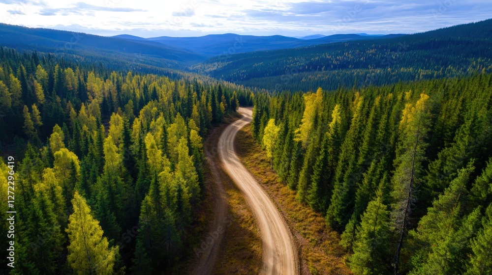 Obraz premium A breathtaking aerial view showcasing a winding dirt road surrounded by lush green forests and distant mountains under a clear blue sky, perfect for nature lovers and adventurers.