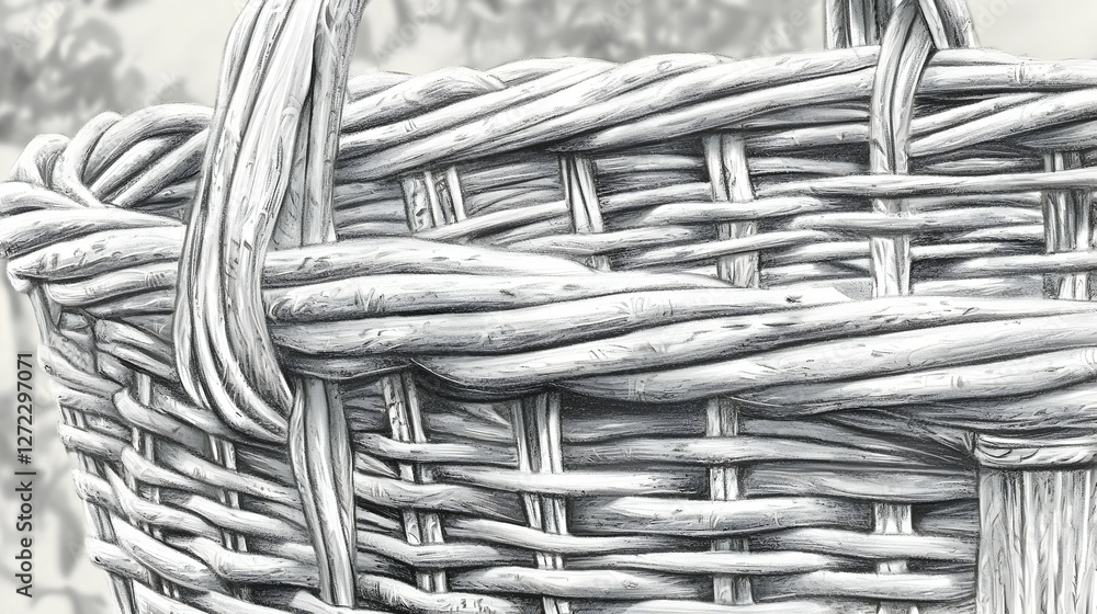 Close-up woven wicker basket, rustic texture, garden background, for harvest or food display Close-up woven wicker basket, rustic texture, garden background, for harvest or food display