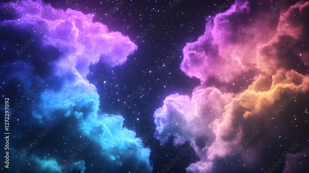Vibrant Colorful Clouds in Starry Night Sky with Cosmic Elements Vibrant Colorful Clouds in Starry Night Sky with Cosmic Elements