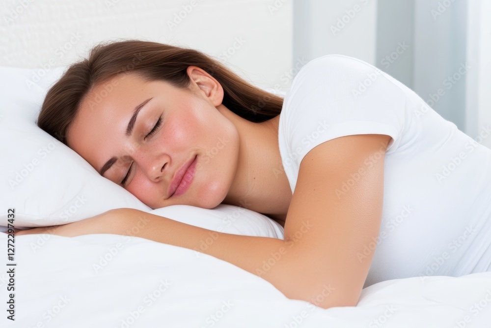 Woman is sleeping on a bed with a white pillow Woman is sleeping on a bed with a white pillow