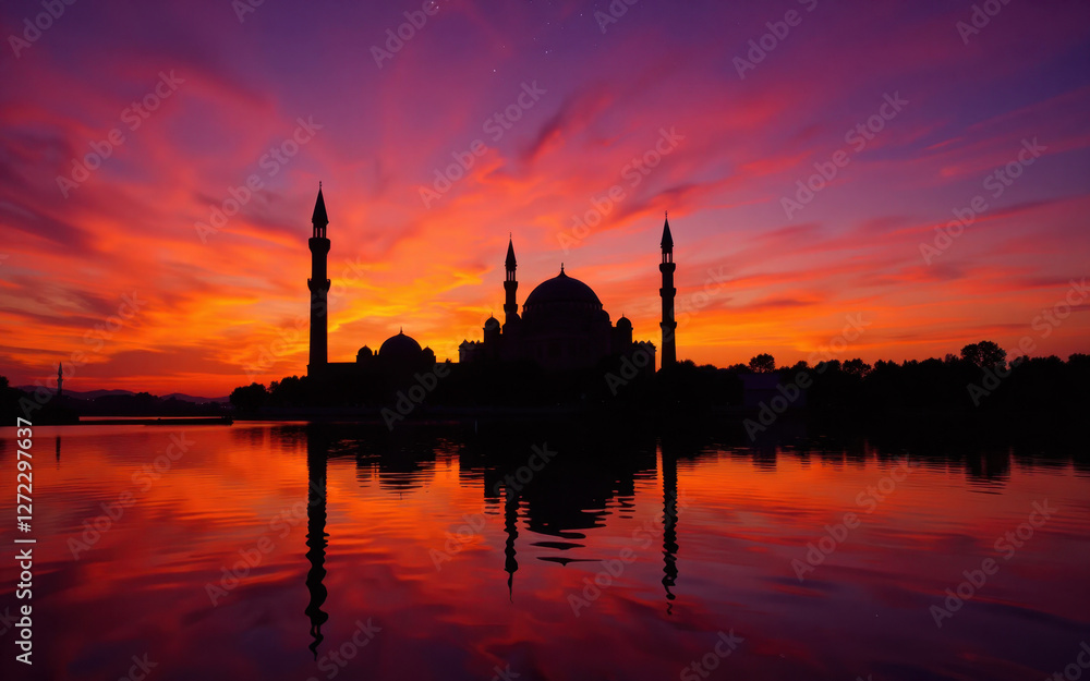 Fototapeta premium Silhouette of mosque at sunset reflecting on water