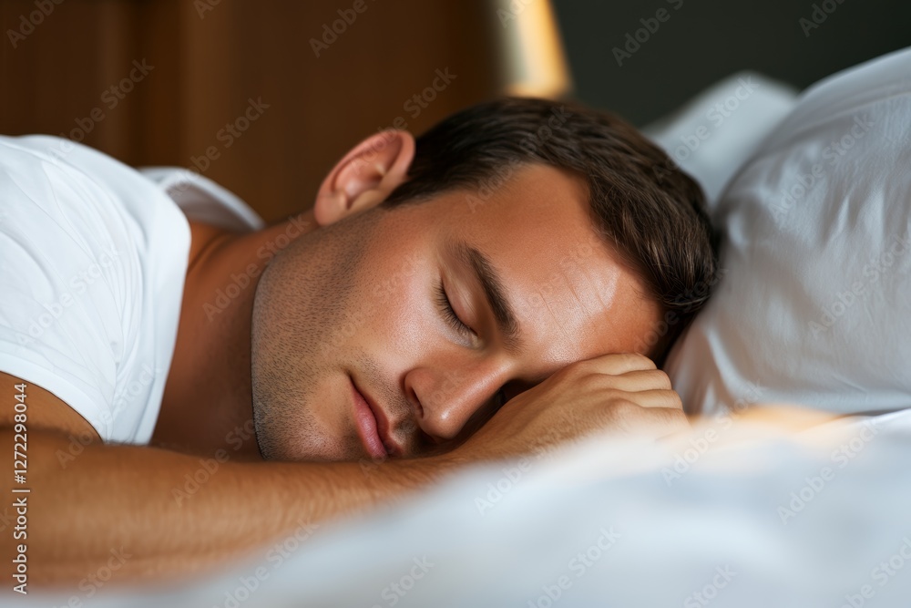 Man is sleeping on a bed with a white pillow Man is sleeping on a bed with a white pillow