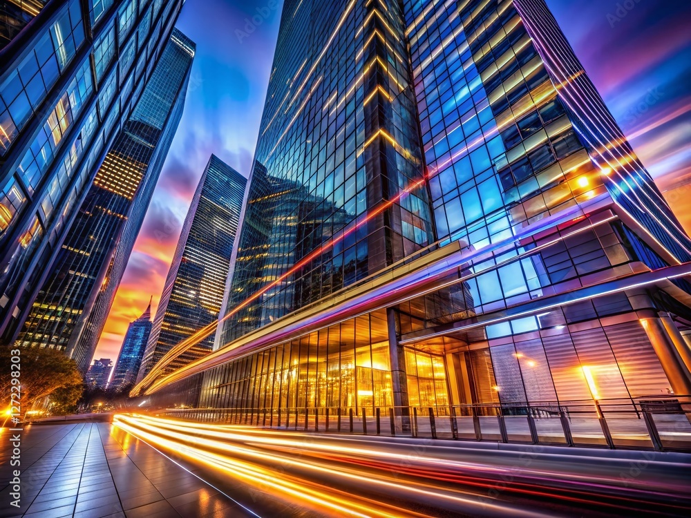 Fototapeta premium Long Exposure Architecture: City Lights Reflecting on Modern Building Facade at Night