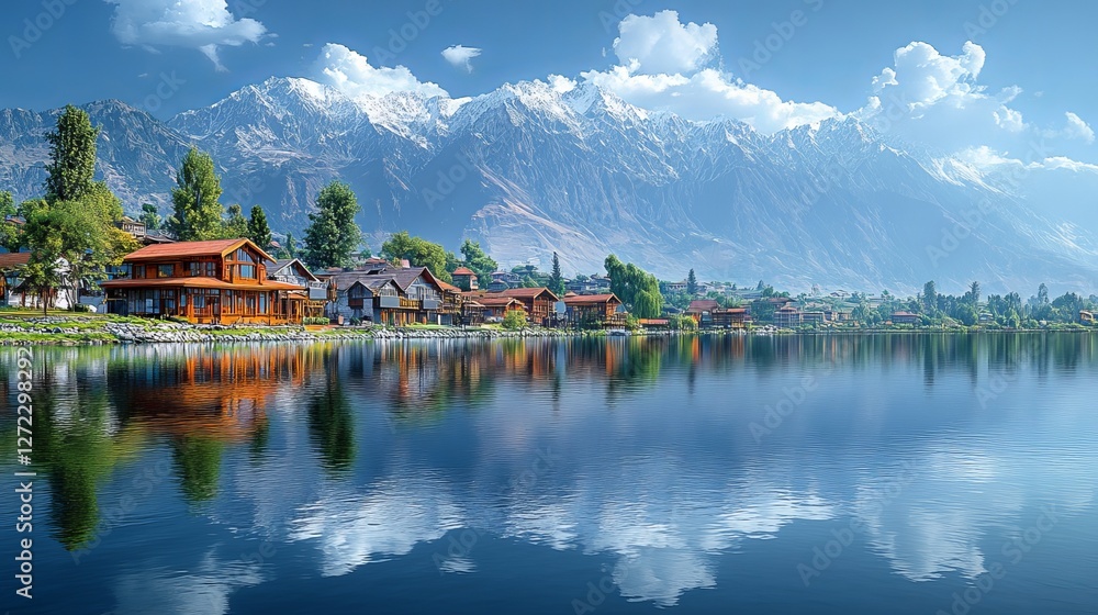 Calm Dal Lake in Srinagar, Kashmir, with breathtaking mountains in the background Calm Dal Lake in Srinagar, Kashmir, with breathtaking mountains in the background