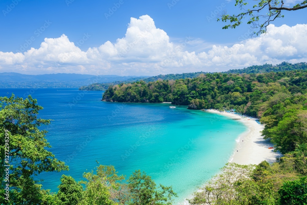 Beautiful beach with a blue ocean and trees in the background Beautiful beach with a blue ocean and trees in the background