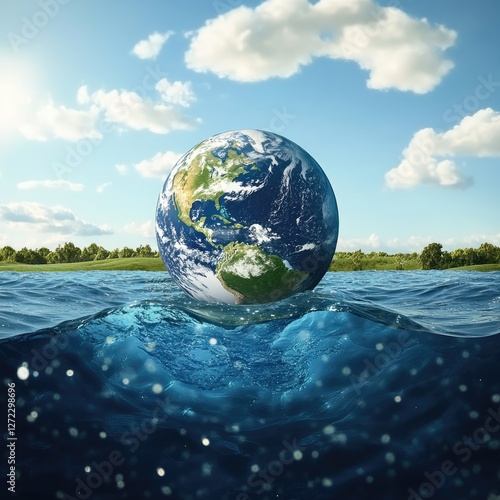 Earth Floating in Water, Environmental Issue, Grassy Banks, Cloudy Sky