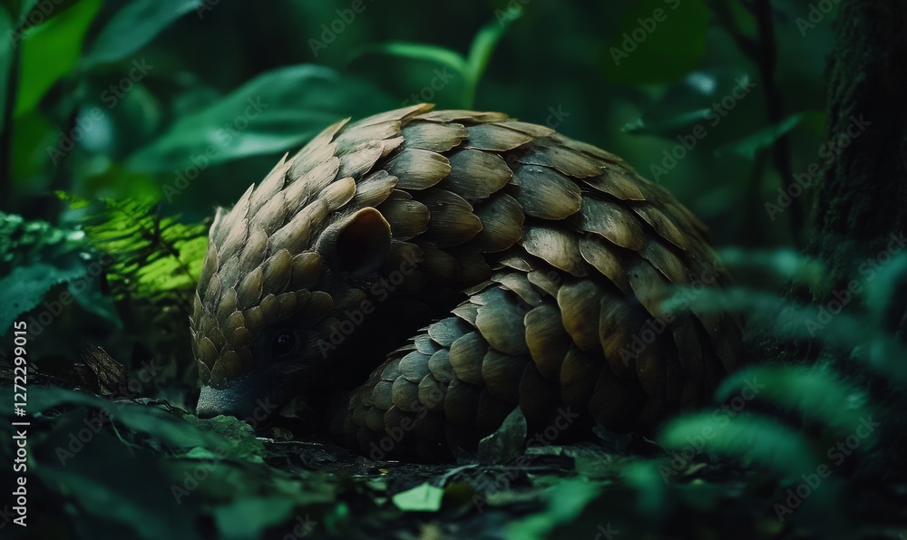 A small pangolin curled up on the forest floor, surrounded by green foliage, showing its beautiful brown scales A small pangolin curled up on the forest floor, surrounded by green foliage, showing its beautiful brown scales