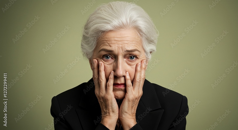 Elderly woman expressing worry in formal attire against green background Elderly woman expressing worry in formal attire against green background