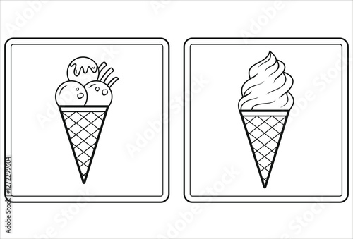 Simple black and white vector line art showing two different styles of ice cream in waffle cones, one with scoops and the other swirled soft serve