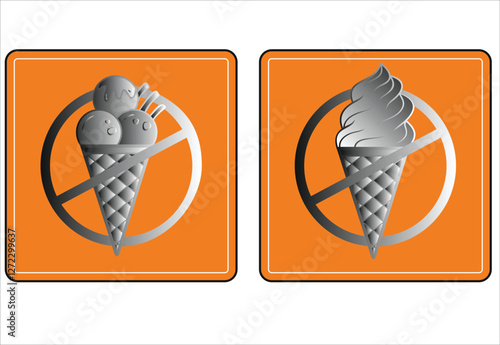 Two orange prohibition signs representing a ban on ice cream and frozen desserts