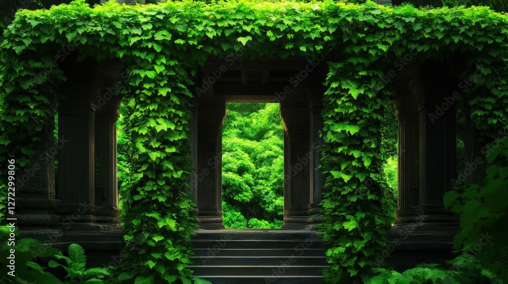 A beautiful, overgrown stone archway framed by lush green foliage, inviting viewers into a serene natural environment teeming with life and tranquility.