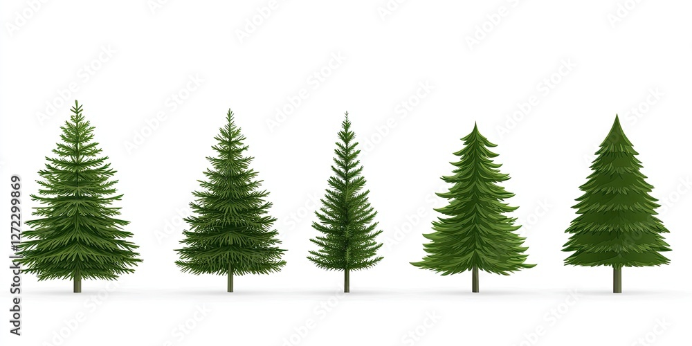 Five evergreen trees stand in a row on white Five evergreen trees stand in a row on white