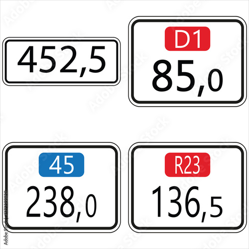 Four distinct road signs indicating specific points along a route, featuring numerical kilometer markers and route designations