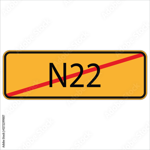 End of route n22 road sign with red diagonal strikethrough, isolated on white background