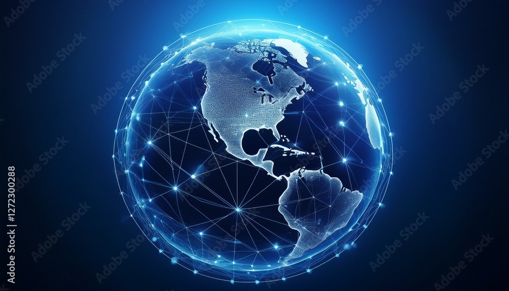 Fototapeta premium Earth global network connection atlantic ocean deep blue background. Generated image