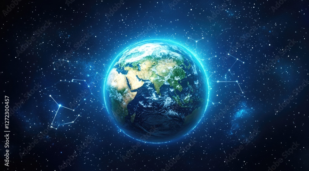 Obraz premium Earth in Space, Glowing, Constellations, Celestial Background