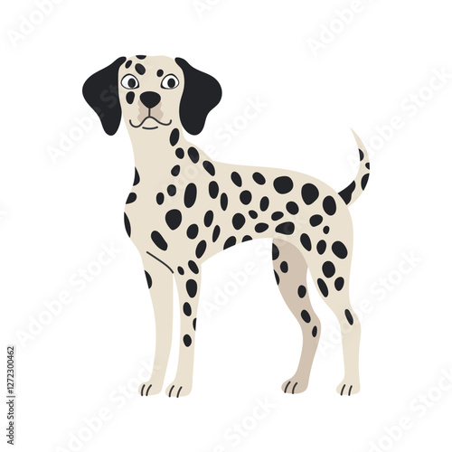 Cute Dalmatian dog standing. Pet animal, breed. Isolated flat vector illustration