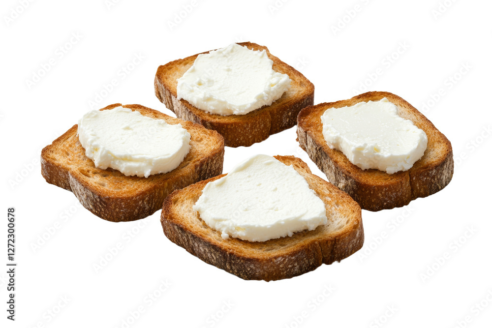 Four slices of bread with white cheese on top, isolated Four slices of bread with white cheese on top, isolated