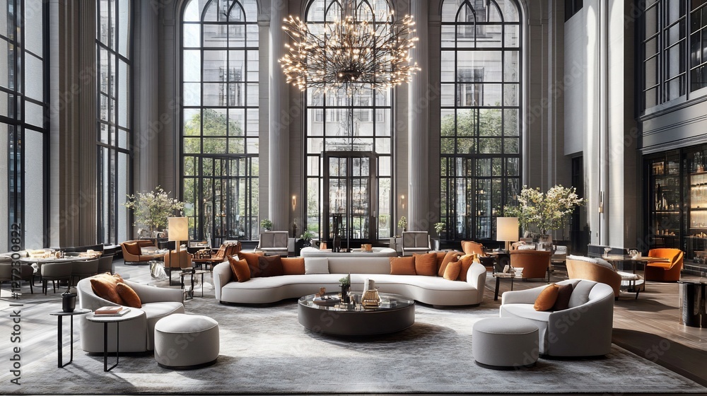 Fototapeta premium Luxurious hotel lobby, sunlight, grand architecture, seating area, relaxation