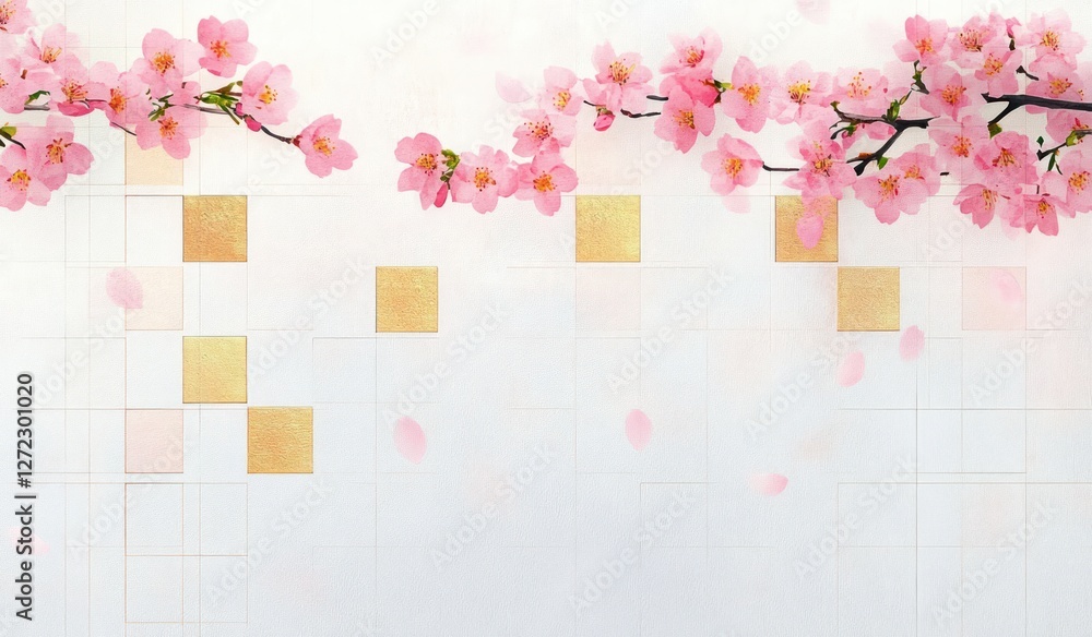 Cherry Blossom and Gold Lines on White Washi Abstract Cherry Blossom and Gold Lines on White Washi Abstract