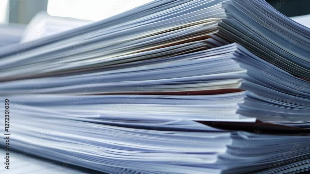 Stacks of neatly arranged papers filling a workspace during a busy office day Stacks of neatly arranged papers filling a workspace during a busy office day