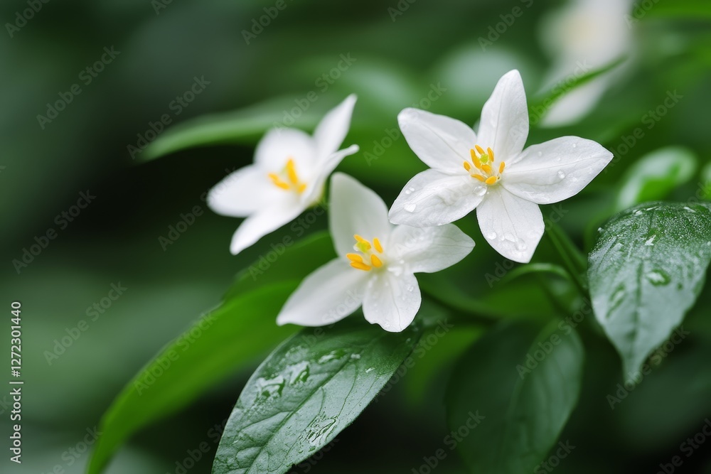 Three white flowers with yellow centers are on a green leaf Three white flowers with yellow centers are on a green leaf