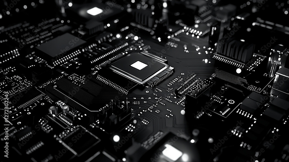 Obraz premium Dark circuit board close-up, glowing components, technology background, digital design
