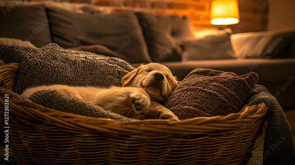 Obraz premium Golden Retriever puppies sleeping soundly in wicker basket, cozy living room, warm evening light, ideal for pet websites