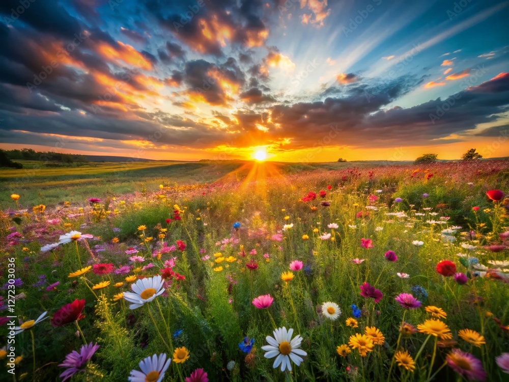 Fototapeta premium Long Exposure Meadow Flowers: Vibrant Wildflower Pattern at Sunset