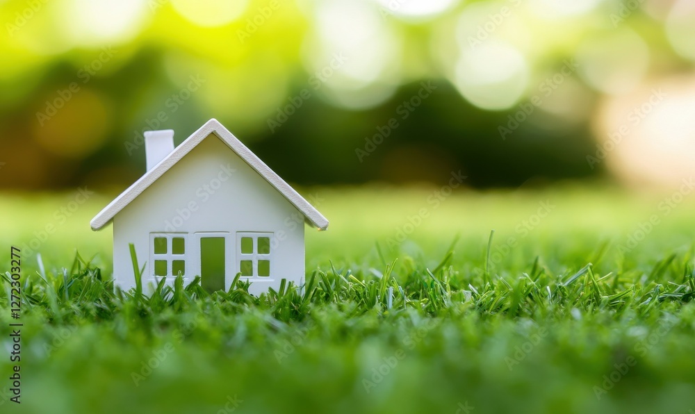 Small model house on green grass with a blurred background. Small model house on green grass with a blurred background.