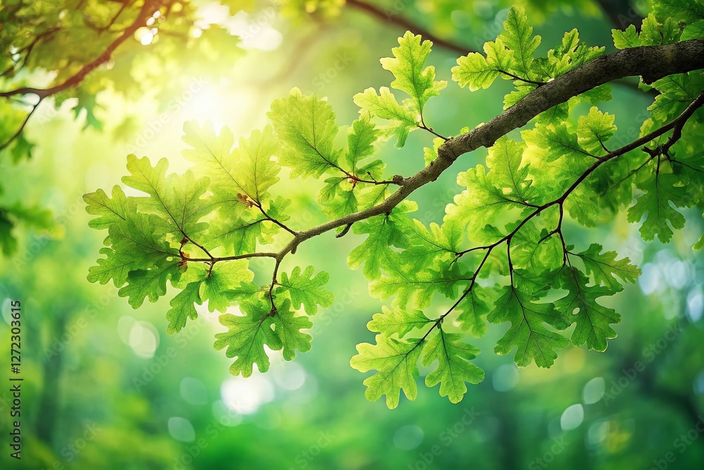 Long Exposure Oak Tree Branch with Vibrant Green Leaves, Nature Photography Long Exposure Oak Tree Branch with Vibrant Green Leaves, Nature Photography