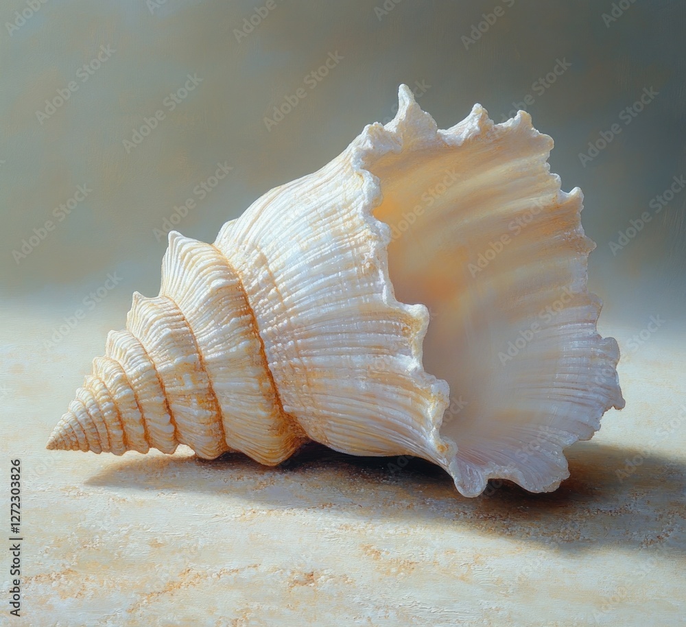 Close Up of Delicate White Seashell with Intricate Textures on Sandy Background Close Up of Delicate White Seashell with Intricate Textures on Sandy Background
