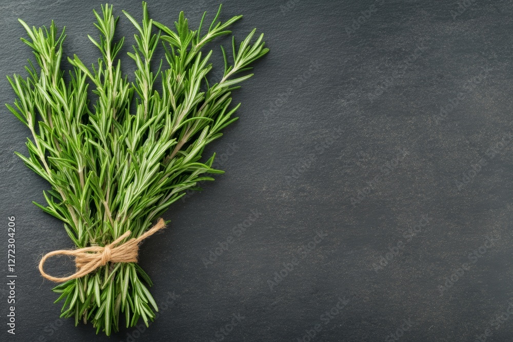 Bunch of fresh green herbs are tied together and placed on a dark surface Bunch of fresh green herbs are tied together and placed on a dark surface