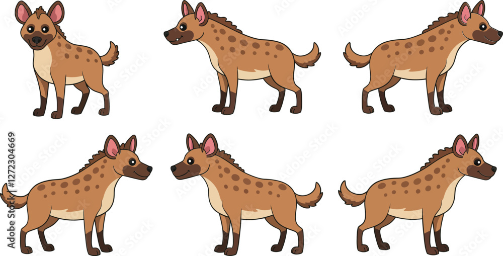 Fototapeta premium Hyena character design in playful style featuring multiple poses in flat vector art