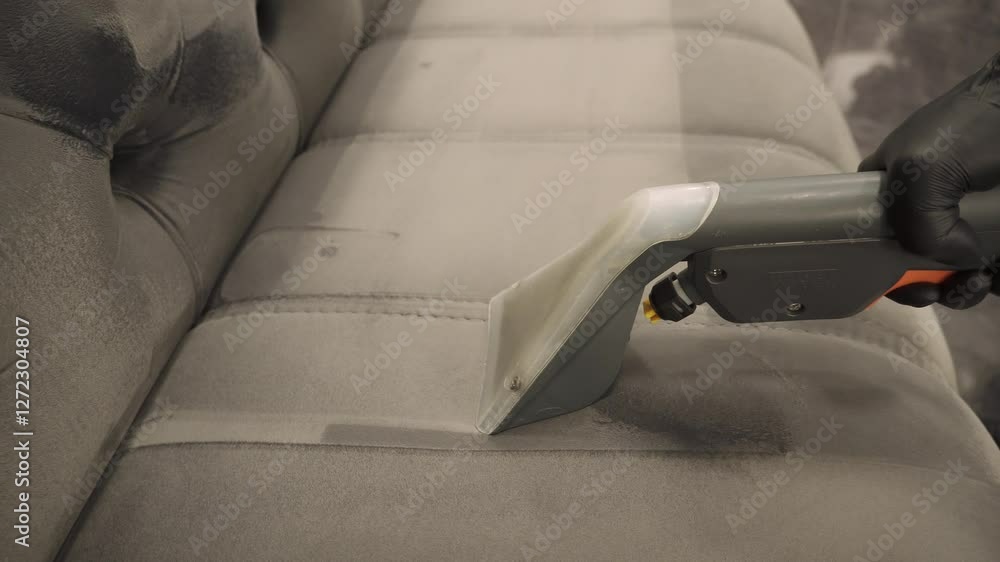 Refreshing sofa and cushions from dust and dirt with dry-cleaning extractor 4k video. Extracting dust and dirt, removing spots from sofa using extractor to clean upholstered furniture.