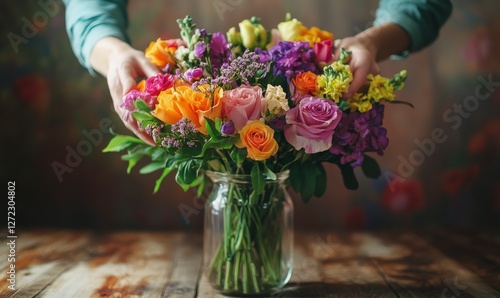 Wallpaper Mural Close-up of a florist's hands arranging a bouquet of vibrant spring flowers in a glass vase; rustic wooden table. Torontodigital.ca