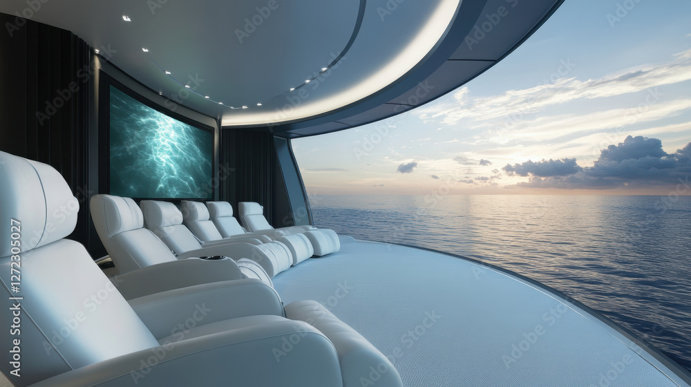 Fototapeta premium A lavish home cinema features plush seating and a stunning panoramic view of the ocean at sunset, showcasing modern design and exceptional luxury