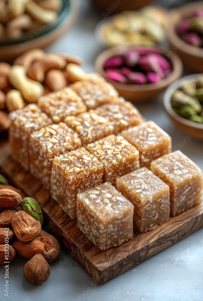 Assorted Indian Sweets and Nuts on Wooden Platter with Colorful Dried Fruits and Varieties of Nuts Garnishing Delightful Festive Treats Assorted Indian Sweets and Nuts on Wooden Platter with Colorful Dried Fruits and Varieties of Nuts Garnishing Delightful Festive Treats
