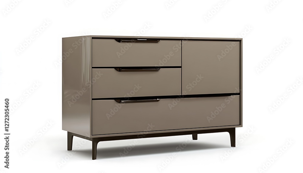 Sophisticated taupe storage cabinet with three drawers, isolated on white background, realistic HD, ultra HD detail Sophisticated taupe storage cabinet with three drawers, isolated on white background, realistic HD, ultra HD detail